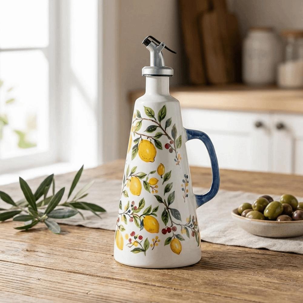 Lemon Pattern Ceramic Oil Bottle Cone-shaped Vinegar Condiment Container Kitchen Seasoning Tool