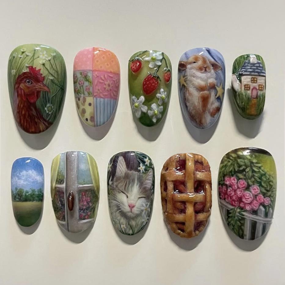 24Pcs Forest Adventure Press On Nails Short Almond Fake Nails With Fox Mushroom Butterfly Apple Designs For Women