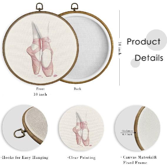 MAQIKA Coquette Ballerina Framed Wall Art Decor, Ballet Wall Art, Pink Ballet Shoes Round Wall Hanging Decor, Girly Dance Ballerina Canvas Prints