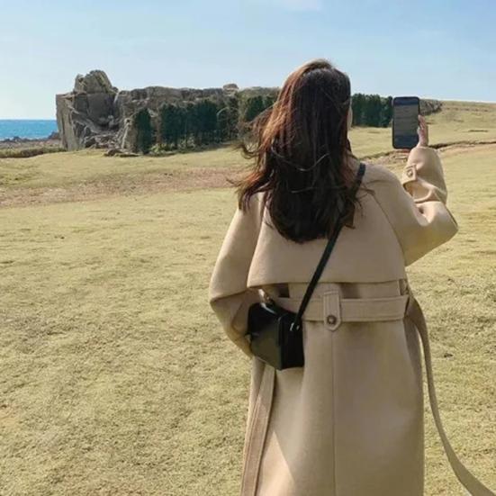 Осень-зима Женская куртка с поясом, толстый свободный отложной воротник, куртка для поездок на работу, однобортная, средней длины