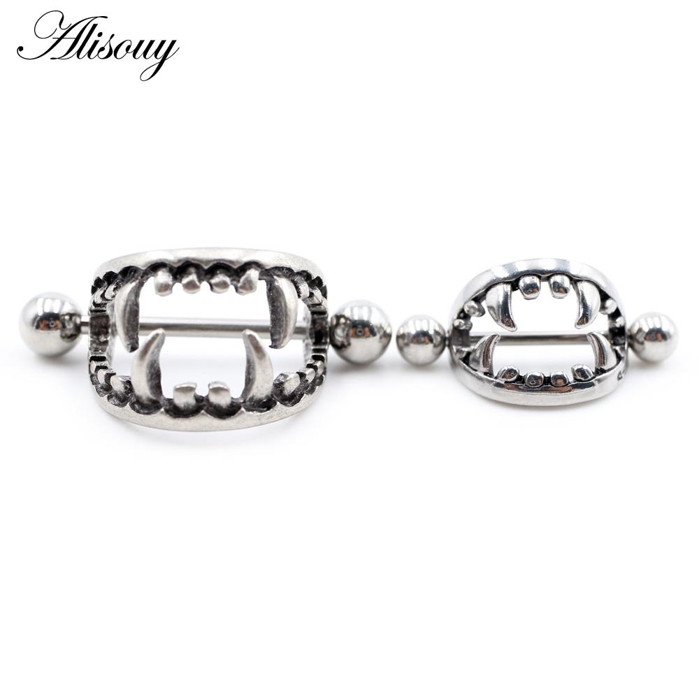 Alisouy 2PCS нержавеющая сталь сплав сексуальные женщины девушка клыки зубы кольца щит штанга серьги пирсинг украшения для тела
