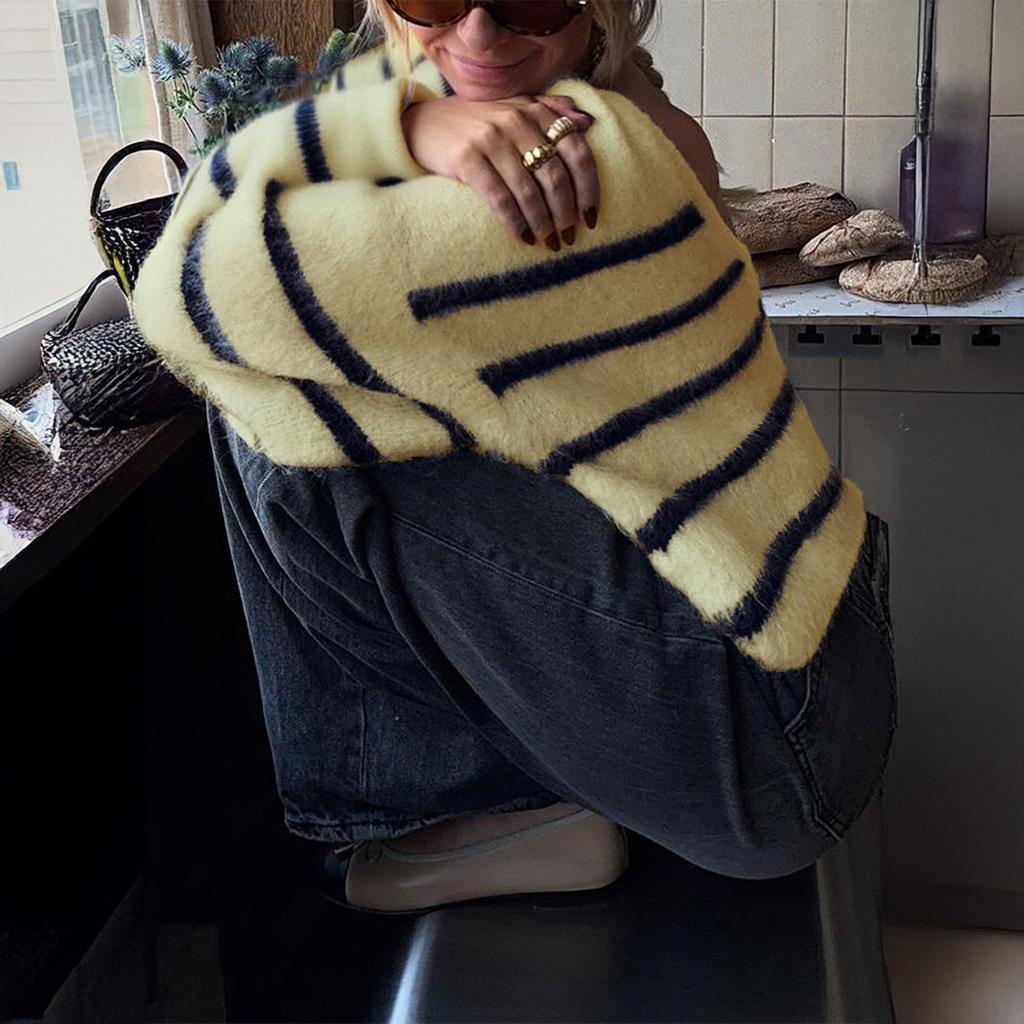 Повседневный полосатый шерстяной свитер с длинным рукавом для женщин 2025 Осень и Зима