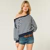 European American Retro Style Bow-Decorated One-Shoulder Striped Women's Hoodie