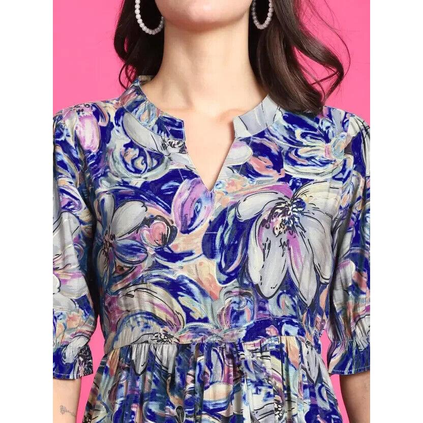 Women Fit and Flare Maroon Dress Printed Half Sleeves Top Tunic Kurta Dress VF-1872