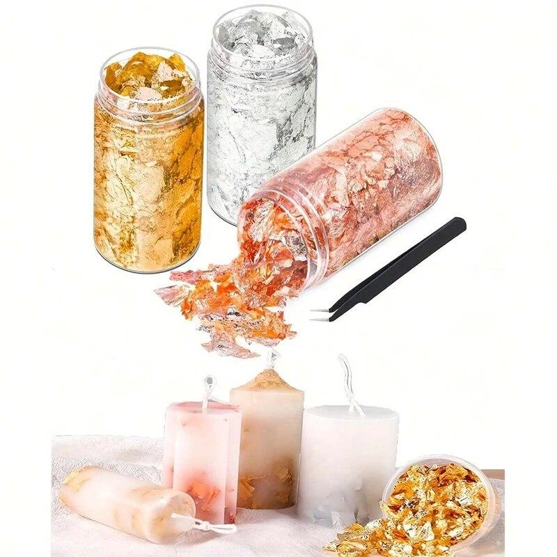 Gold Foil Flakes Set Tweezers 3 Bottles Metallic Foil Flakes for Candle Resin Nails Painting Art Crafts Silver Copper Birthday Gifts