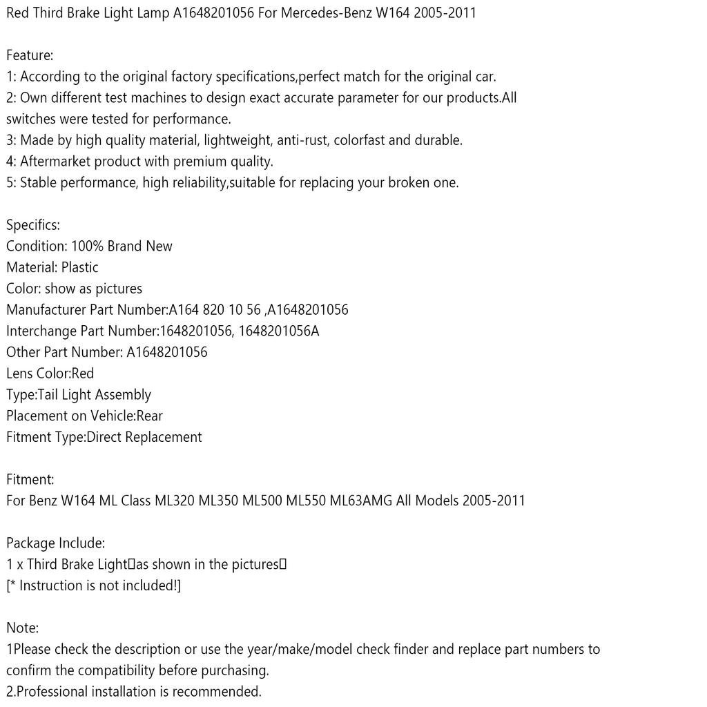 Автомобильный 3RD стоп-сигнал стоп-сигнал в сборе A1648201056 для Benz ML-Class W164 2005-2011 задний тормозной фонарь