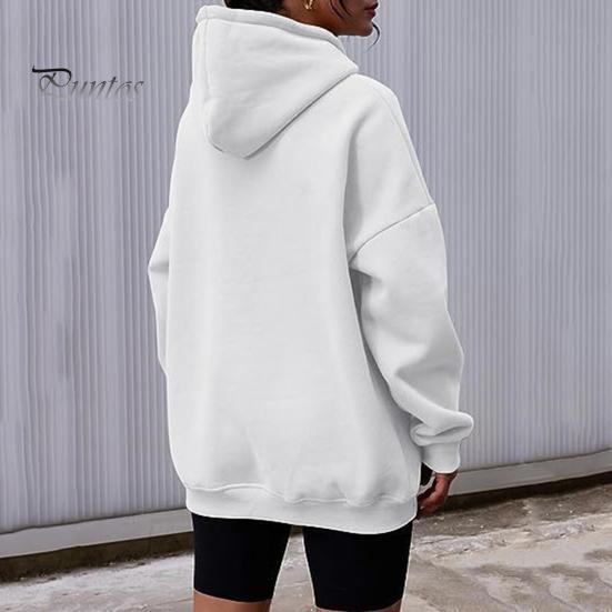 Women Fall Winter Hoodie Thick Hooded Long Sleeves with Big Pocket Plus Size Mid Length Solid Color Loose Elastic Cuffs Drawstring Sport Top