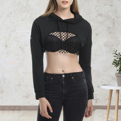 Женская толстовка с капюшоном, выдолбленная сетка, пэчворк, с капюшоном, длинные рукава, завязка на талии, однотонная