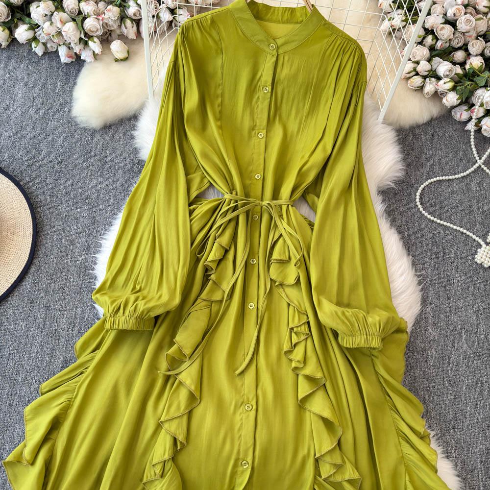 Нежный стиль, темперамент, рукава-фонарики, воротник-стойка, присборенная талия, А-силуэт, оборки по краю, шифоновое платье, элегантные большие свободные длинные платья