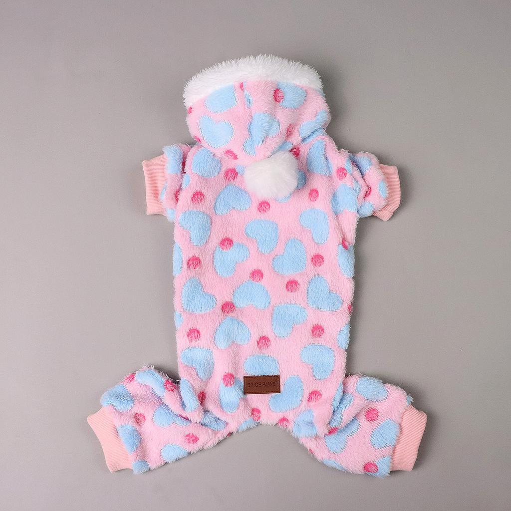 Plush Dog Pajamas for Small Dogs Girl Winter Warm Puppy Heart Pjs Fleece Clothes Sweater Outfit Dog with Fuzzy Pompom Pet Onesie