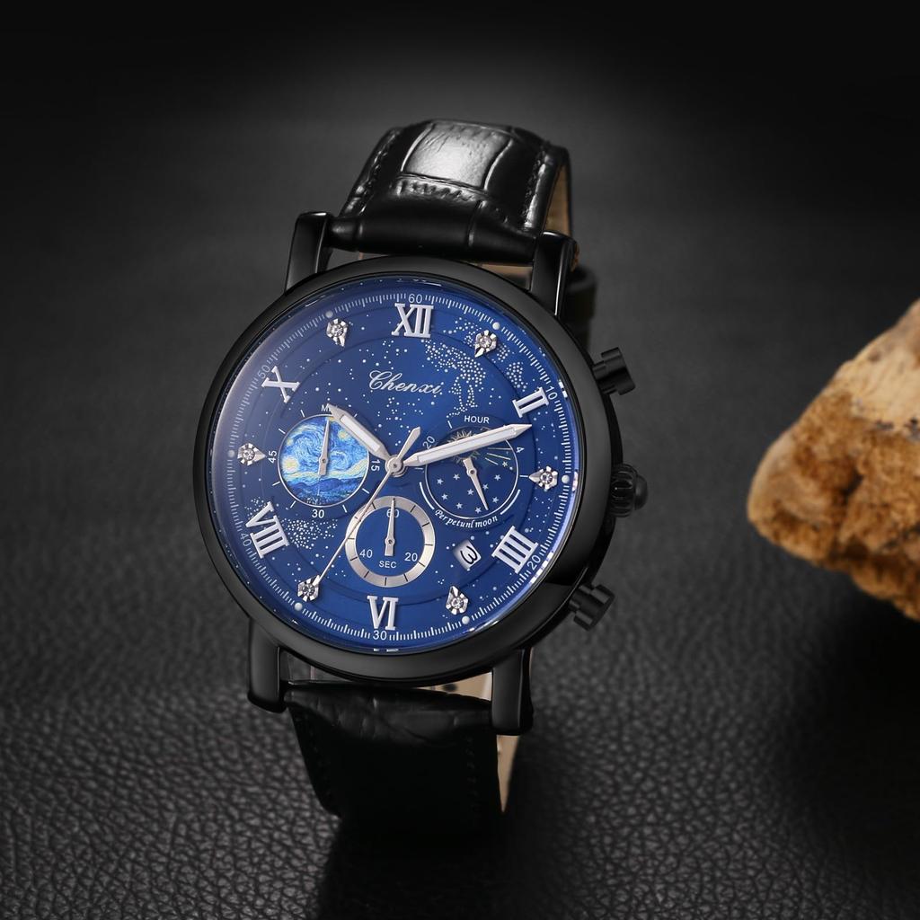 Watch Genuine Leather Strap Van Gogh Starry Analog Calendar Leather Strap Waterproof Quartz Watch Black Fashion Watch Day Birthday Christmas Day Gift