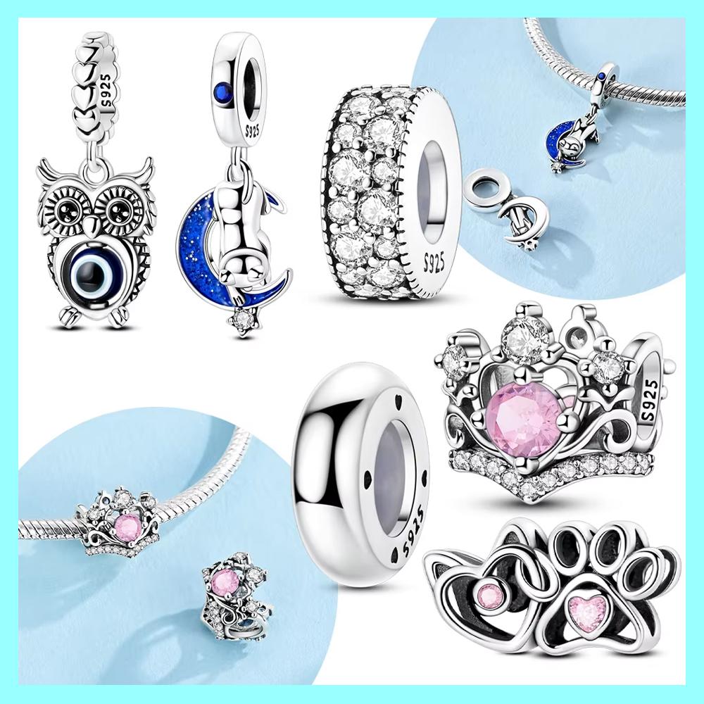 Изысканные розовые совы с когтями в короне, лунные оригинальные медные шармы-бусины, подходят для браслета, женские украшения, изысканный подарок, аксессуар