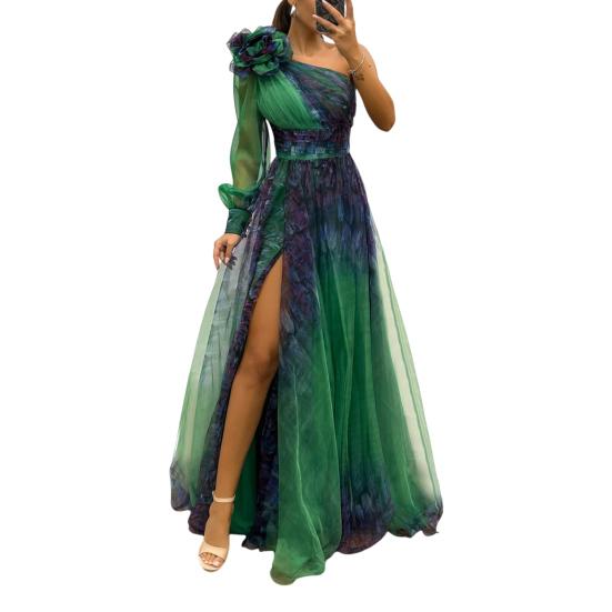 Женское вечернее платье с 3D-цветочным декором на одно плечо, плиссированное, сетчатое, банкетное платье, одно длинное