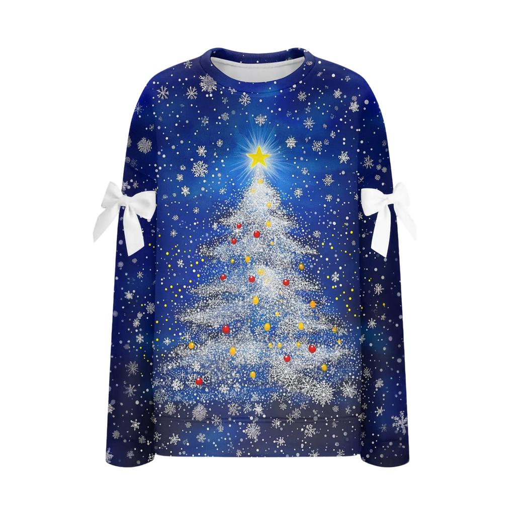 Женский рождественский пуловер с принтом и бантом, с круглым вырезом, длинными рукавами, свободного кроя