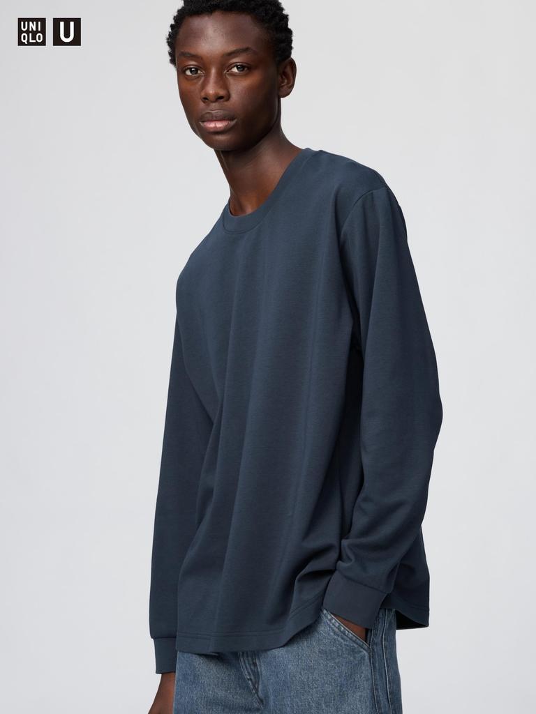 Uniqlo 486102 Хлопковая футболка с длинным рукавом и круглым вырезом AIRism ЗЕЛЕНЫЙ БЕЛЫЙ ТЕМНО-СЕРЫЙ ЧЕРНЫЙ РОЗОВЫЙ СИНИЙ ФИОЛЕТОВЫЙ Мужская Япония