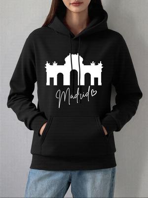 Мадрид Алькала Раздвижная Дверь Принтованное Худи Женское Зимнее Флисовое Теплое Свитшот Базовый Пуловер с Карманом Повседневная Свободная Женская Одежда