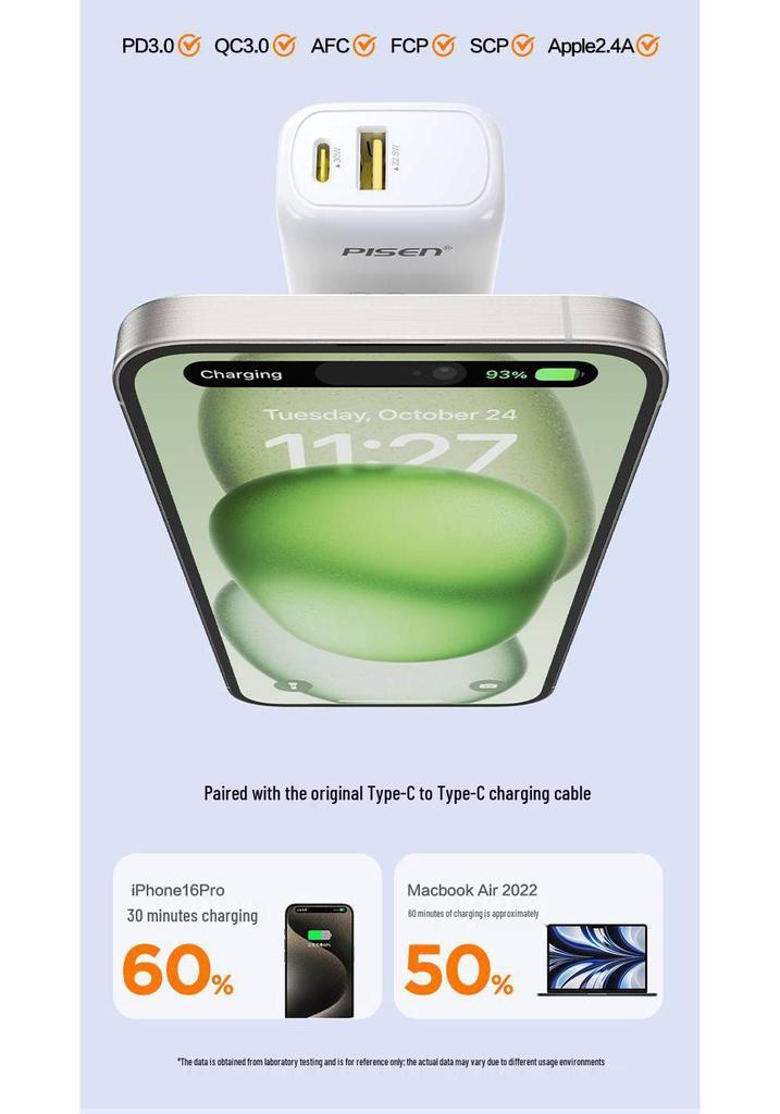 PISEN 30 Вт GaN Быстрое зарядное устройство Комплект для Apple и Android, Двухпортовая вилка, Новая модель