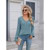 Женская осенняя однотонная ребристая трикотажная базовая рубашка повседневная теплая зимняя кружевная V-образная горловина с длинными рукавами пуловер