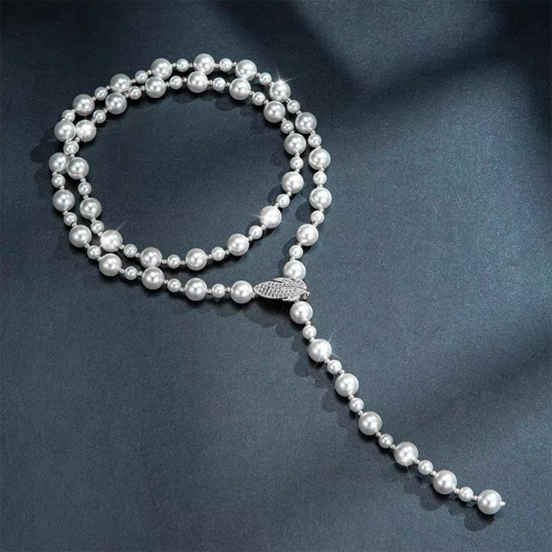 Pearl Long Necklace Women'S High Sense Tree Leaves Pearl Sweater Chain Temperament Versatile Autumn And Winter Accessories