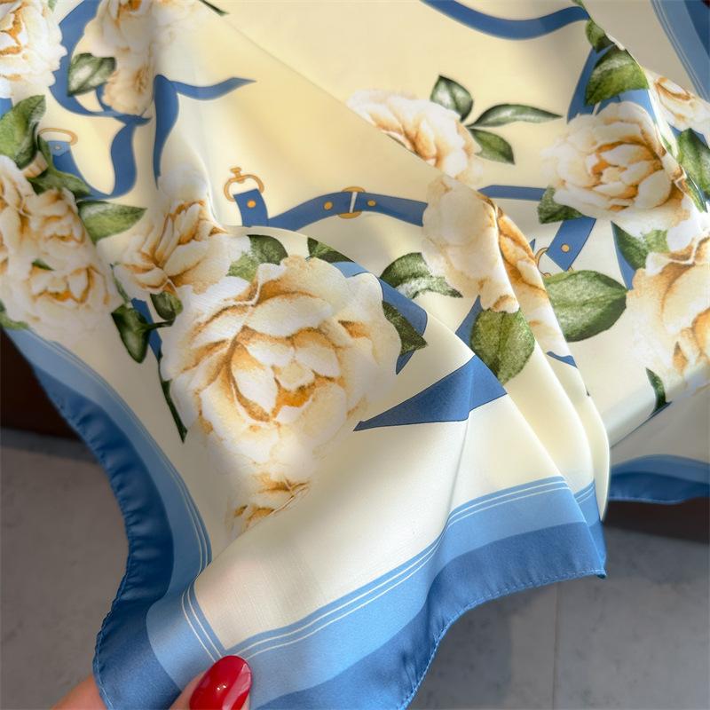 Pink rose print 70 imitation silk high-end square scarf spring and summer thin scarf versatile headscarf for women