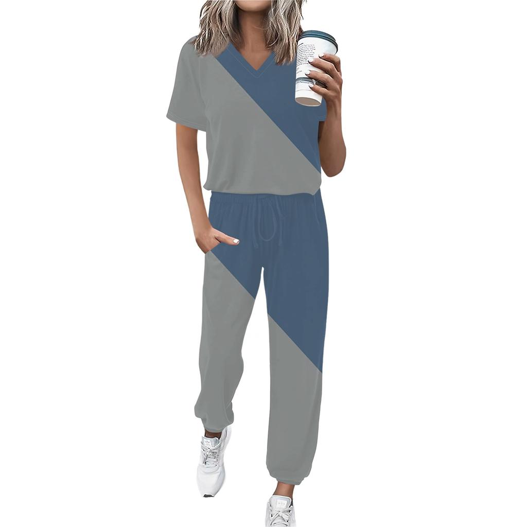 Женский спортивный костюм с V-образным вырезом и коротким рукавом, свободные брюки