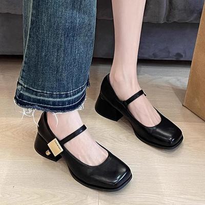 Новые туфли Мэри Джейн Женская обувь Высокий каблук Весна Квадратный носок Средний каблук Сандалии Дизайнерские Лодочки с мелким вырезом Толстая подошва Кожаная обувь 35-39