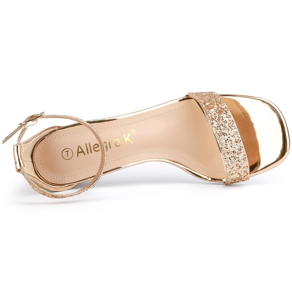 Allegra K Women's Open-Toe Ankle Strap Sandals with Shiny Chunky Heels, Rose Gold, Size 25.5cm