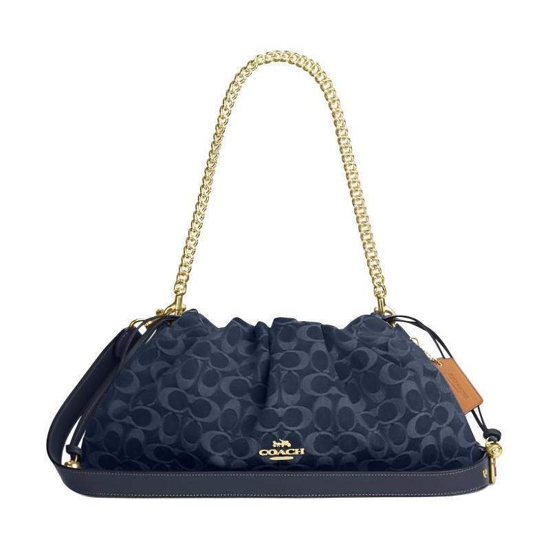 COACH Faye 38 Classic Presbyopia Brand Gold Logo Drawstring Closure Detachable Shoulder Strap Denim Handbag Large Women's Indigo