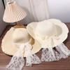 French Style Bow Ribbon Straw Hat Big Brim Women's Sun Hat Elegant Lace Pearls Straw Hat  Travel