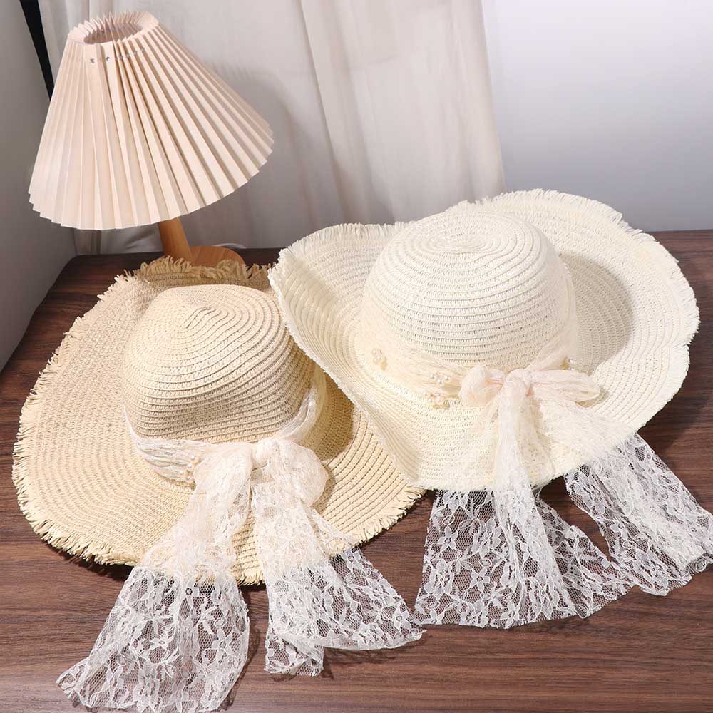 French Style Bow Ribbon Straw Hat Big Brim Women's Sun Hat Elegant Lace Pearls Straw Hat Travel