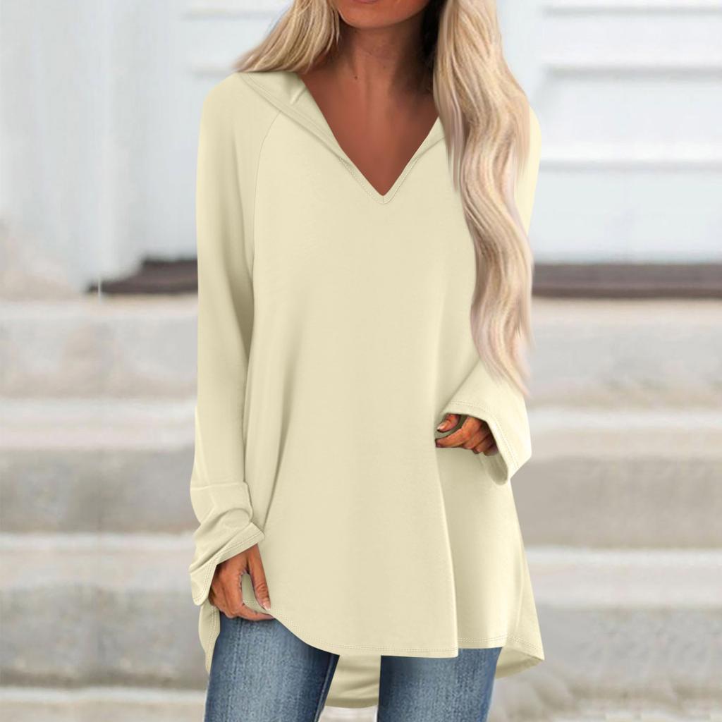 Женские свободные топы с V-образным вырезом и капюшоном с длинными рукавами, повседневные топы, домашние пижамы для отдыха, топы