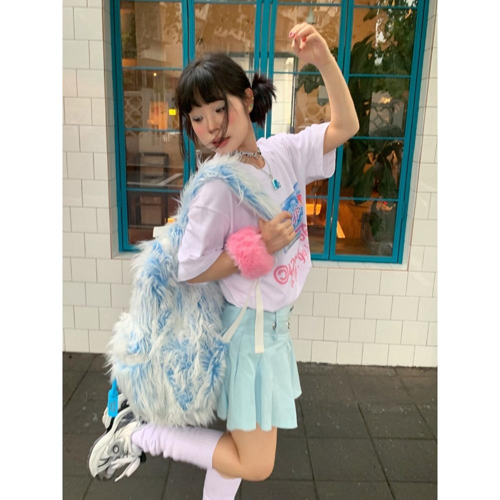 Сумки Двухцветный Контрастный Цвет Ледяной Голубой Пушистый Мужской и Женский Тренд Рюкзак для Отдыха Женский Зимний Школьный Рюкзак