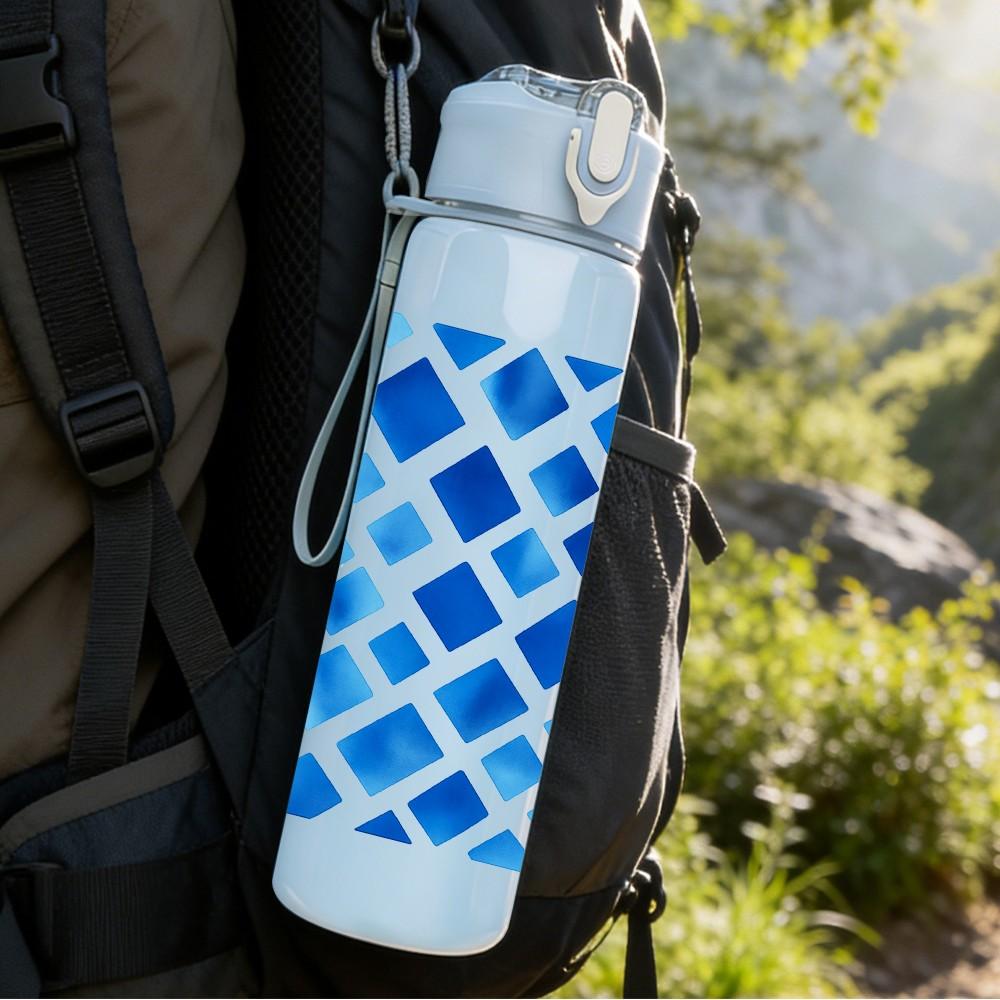 1PC Blue Diamond Grid Pattern 750ml Color Plastic Sports Water Bottle Leakproof Flip Straw Lid Suitable for Sports Office Home Use