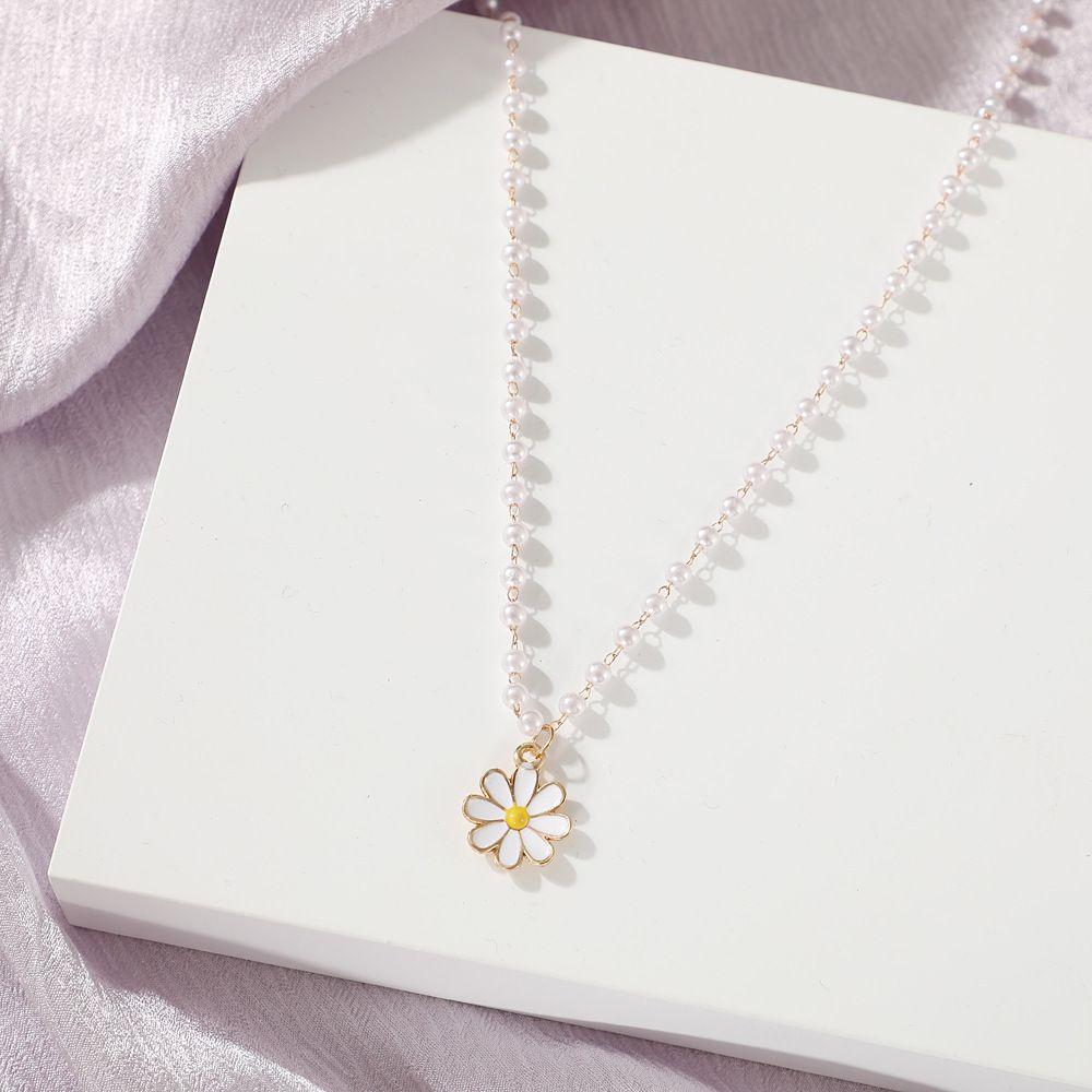 Cute Oil Flower Trendy Jewellery Pendant Choker Imitation Pearl Chain White Daisy Necklace