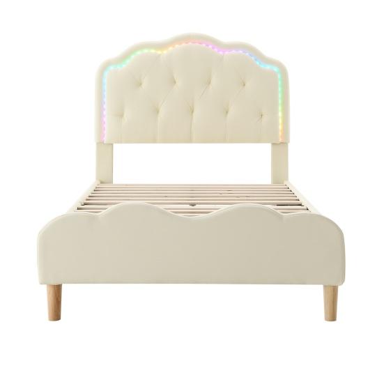 Girls Bed Upholstered Running Light Effect Higher Feet Without Mattress Wavy Headboard Princess Changing LED Strip Sleep Faux Leather Dorm Apartment