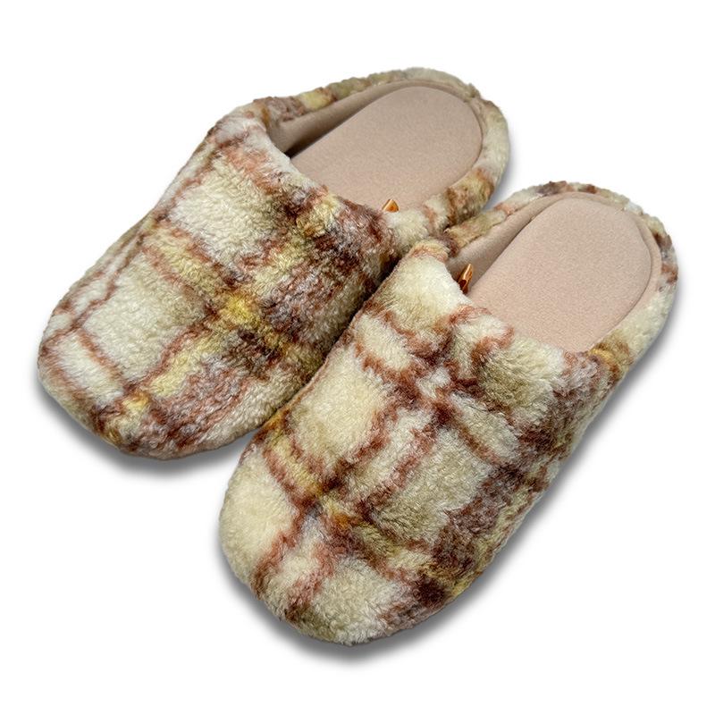 Women’s & Men’s Retro Plaid Cotton Slippers: Cozy, Plush, Thick Sole, Silent Warmth for Autumn/Winter Indoors.