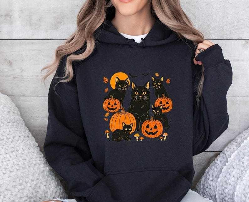 Autumn/Winter, Halloween Black Cat, Printed Long Sleeve Top Trendy Fashion Women'S Hooded Sweater