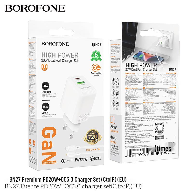 BOROFONE BN27 Быстрое зарядное устройство с двумя портами, PD20W + QC3.0, Стандарт ЕС для мобильных телефонов