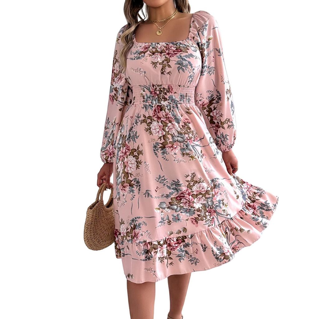 Женская модная юбка А-силуэта с цветочным принтом, квадратным вырезом и длинными рукавами