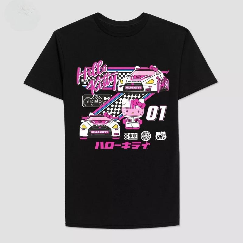 Hello Kitty Racing Short Sleeve Pattern Men Women T-shirt Summer Cartoon Anime Round Neck T-shirt Cotton Cool Fashionable Top