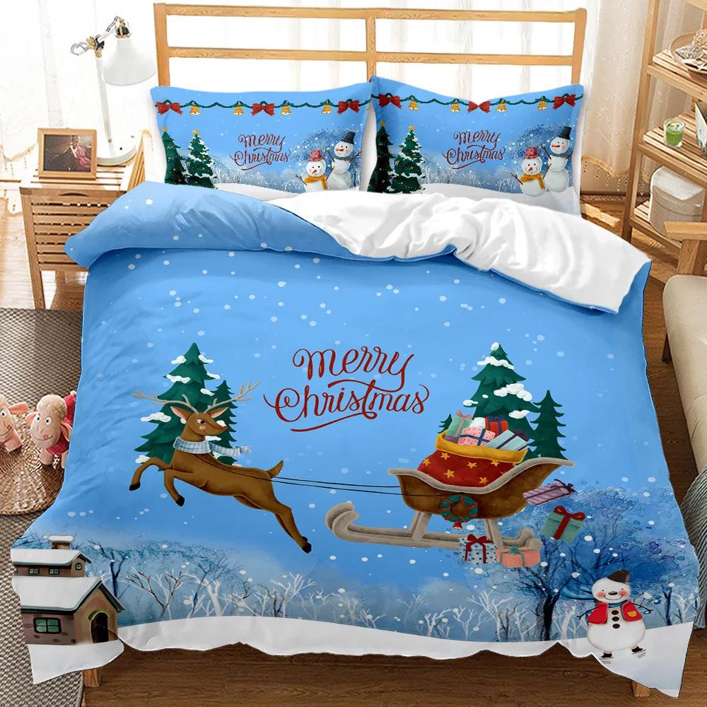 Super Soft Comfortable 3d Bedding Set Happy Christmas Reactive Print Snowflake Deer Duvet Set King Size Merry Christmas Bed Set
