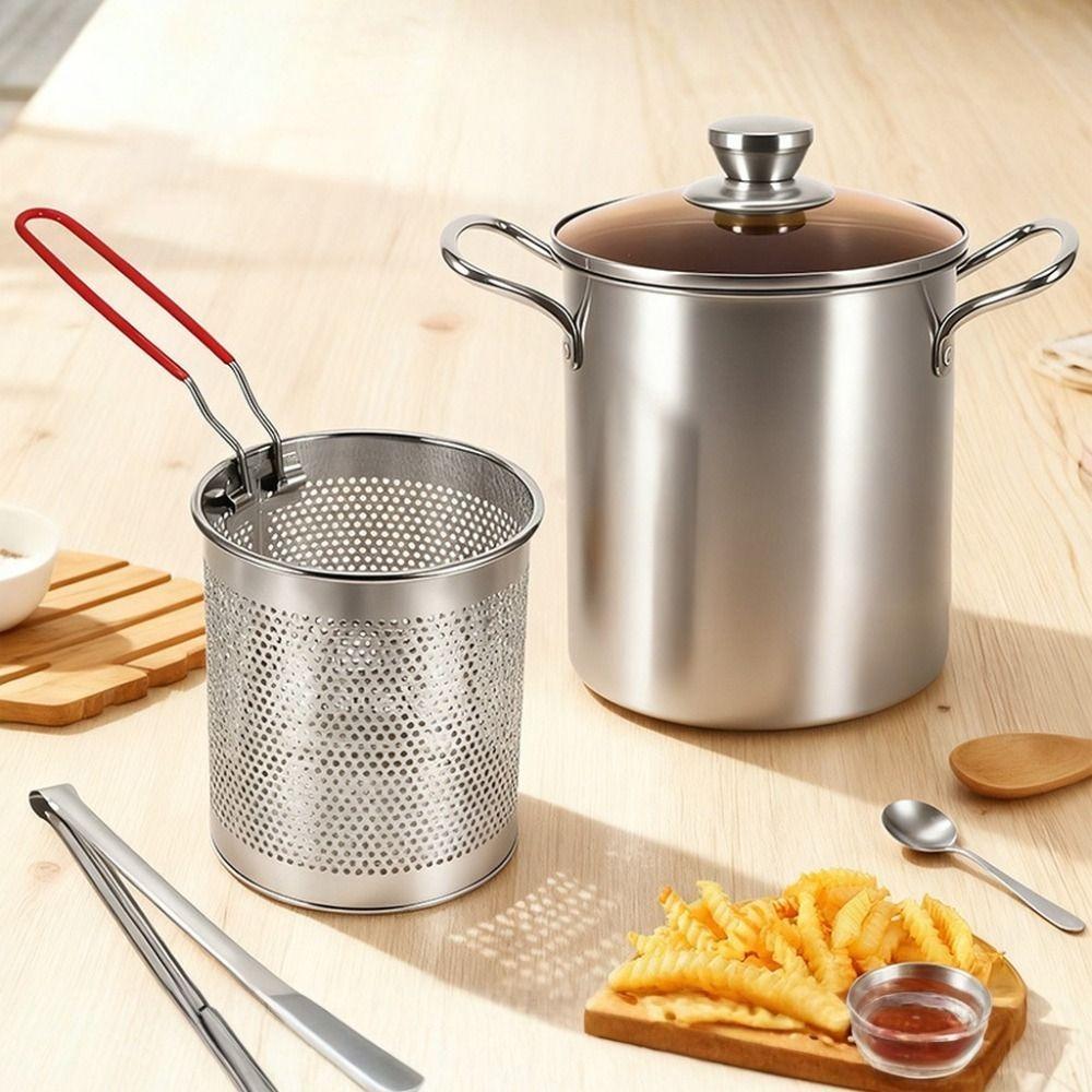Double Handle Deep Frying Pot 304 Stainless Steel Tempura Fryer Soup Pot Induction Cook-top