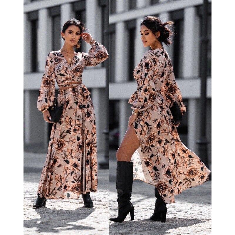 Модное женское длинное платье с цветочным принтом и рукавами-фонариками, повседневное платье с v-образным вырезом и высокой талией, женское винтажное свободное платье с леопардовым принтом 26347