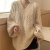 Autumn and Winter Thick V-Neck Twists Pullover Sweaters Women Fashion Solid Loose Outerwear Warm Knitted Sweater Woman Sweet Casual Warm Jumper 24756