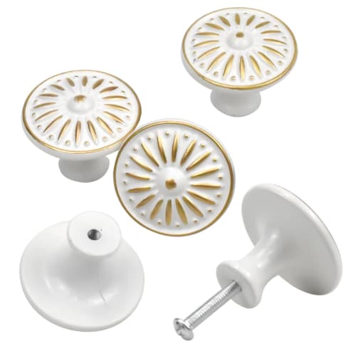 Set of 10 Antique White Drawer Knobs, Round Door Handles with Screws, Retro Floral Pattern, Approx. 35mm Diameter, for Kitchen, Room, Interior Doors,
