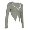 Women Tops V-Neck Lace Stitching Long Sleeve Irregular Hem Pullover Tops Solid Color Ribbed