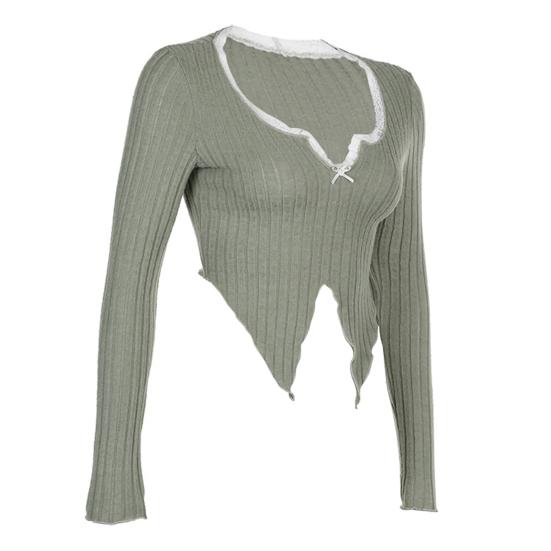 Women Tops V-Neck Lace Stitching Long Sleeve Irregular Hem Pullover Tops Solid Color Ribbed