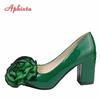 Aphixta New 7cm Square Heel Patent Leather Shoes Women Pumps Dark Green Flowers Officile Pointed Toe Plus Size 49 50