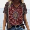 New Women T-shirt Ethnic Pattern Print Oversized Women's Trending Clothing Fashion Short Sleeve Shirt Women V-Neck Blouse 2024
