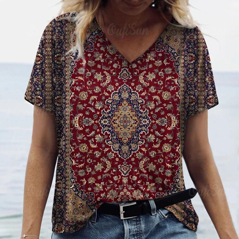 New Women T-shirt Ethnic Pattern Print Oversized Women's Trending Clothing Fashion Short Sleeve Shirt Women V-Neck Blouse 2024